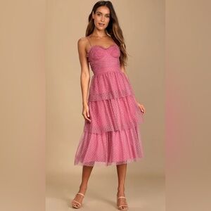 Lulus Sweetheart Style Mauve Polka Dot Bustier Tiered Midi Dress Sz Large